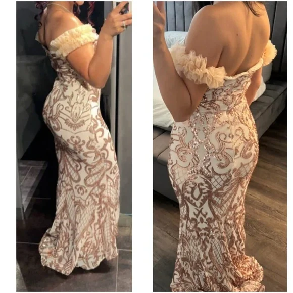Luxe Sequin Mesh Off Shoulder Mermaid hem Formal prom Wedding Dress